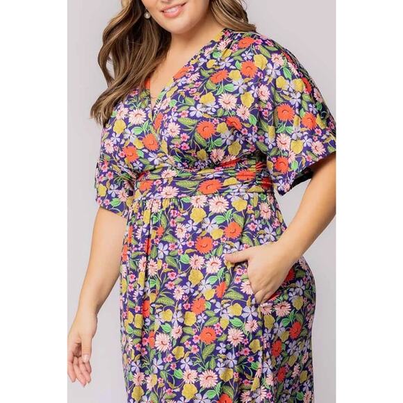 Kiyonna Gia Floral Midi Dress 2X Pockets Empire Waist Colorful Packable Party - Picture 4 of 11